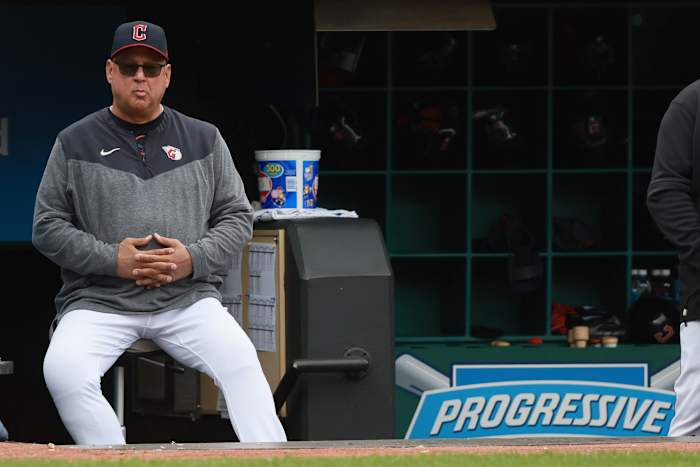 Sep 24, 2023; Cleveland, Ohio, USA; Cleveland Guardians manager Terry Francona looks on from the dugout during the fourth inning against the Baltimore Orioles at Progressive Field. Mandatory Credit: Aaron Josefczyk-USA TODAY Sports